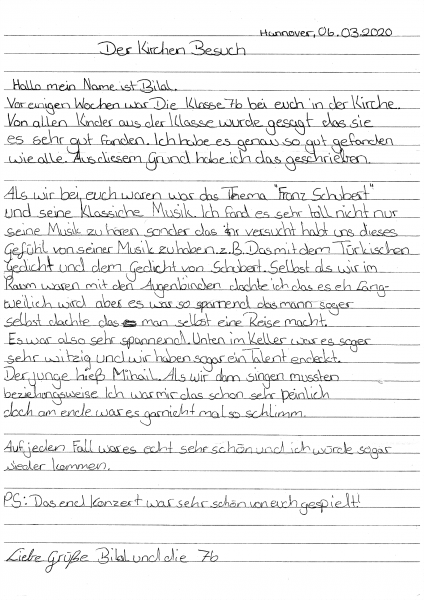 Erfahrungsbericht eines Schülers, als Brief handgeschrieben zum Bereich Musikvermittlung Winterreisen – Grenzenlos